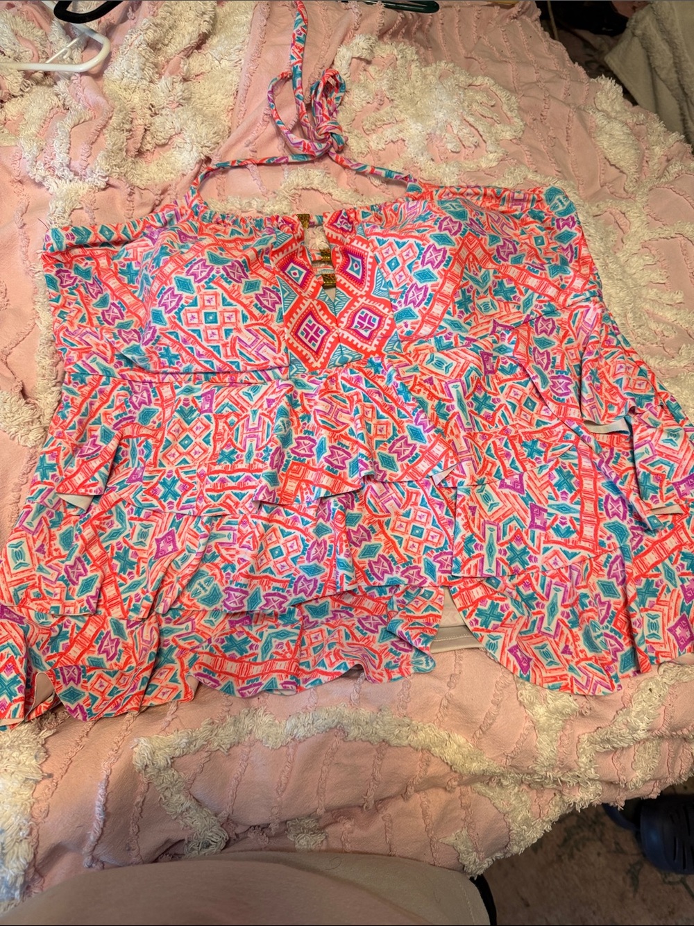 Catalina Teal Floral Ruffle Swim Tankini with Pink Flowers